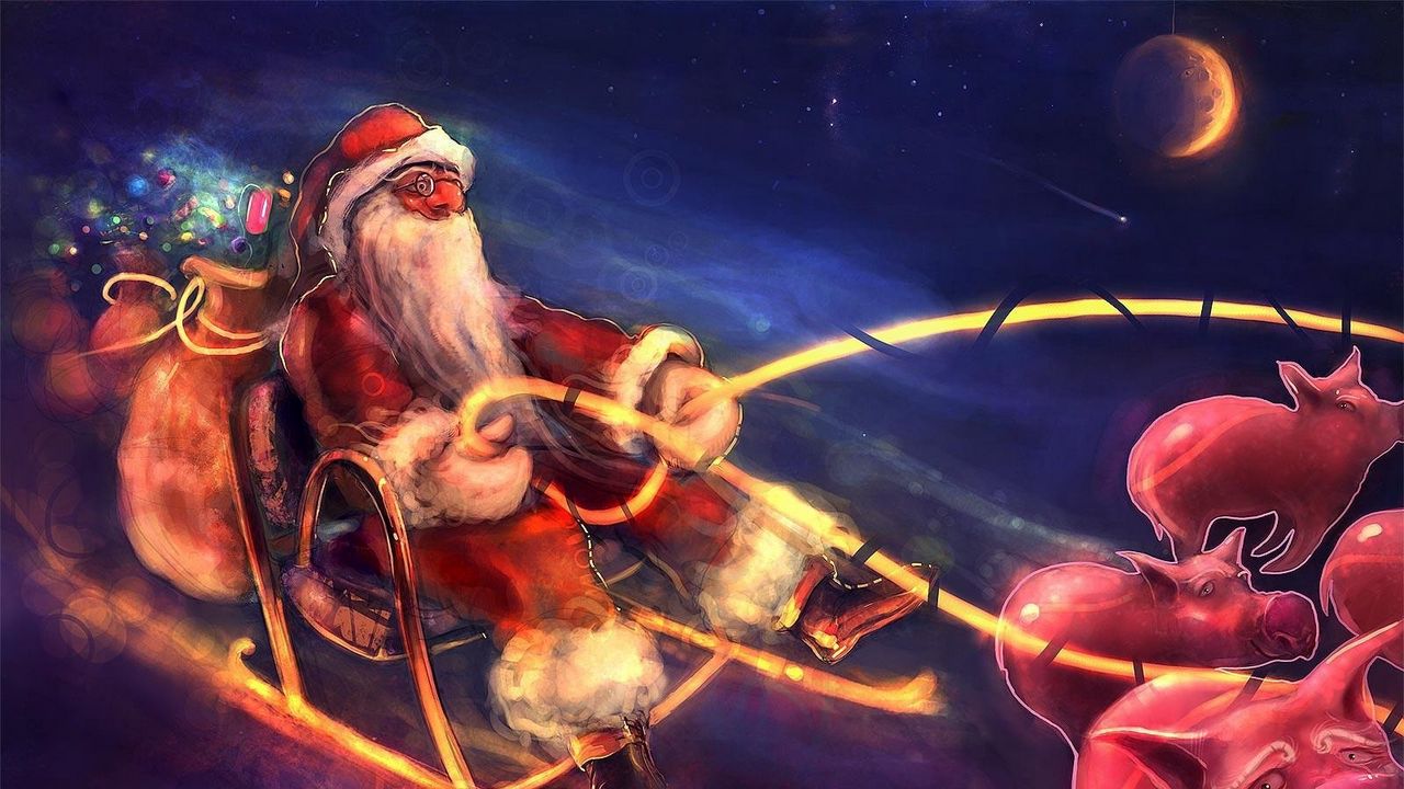 Hình nền ông già Noel (đêm, giáng sinh, quà tặng, lợn, xe trượt tuyết, bay)